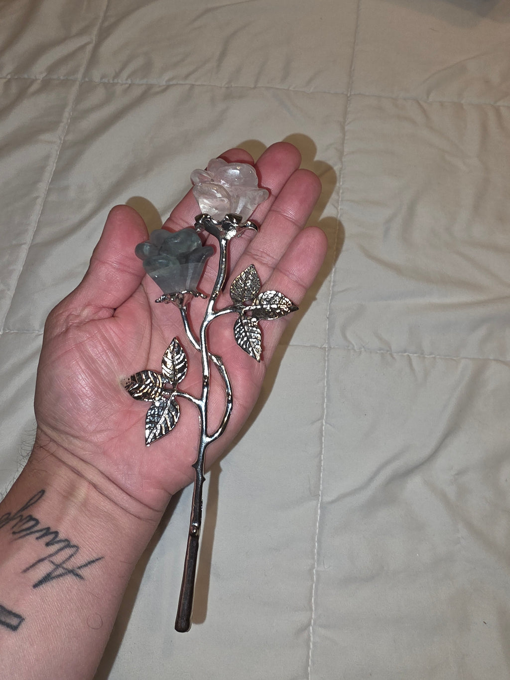 Green Fluorite and Clear Quartz Rose
